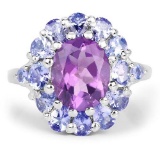 4.01 Carat Genuine Amethyst and Tanzanite .925 Sterling Silver Ring