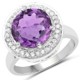 4.27 Carat Genuine Amethyst and White Topaz .925 Sterling Silver Ring