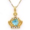 CREATED SWISS BLUE TOPAZ & FLAWLESS CREATED DIAMOND 18K GOLD PLATED GERMAN SILVER PENDANT