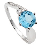 1.65 CT BLUE TOPAZ & 6 PCS CREATED WHITE SAPPHIRE PLATINUM OVER 0.925 STERLING SILVER RING