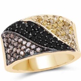 14K Yellow Gold Plated 1.24 Carat Genuine Black Diamond, Champagne Diamond and Yellow Diamond .925 S