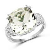 5.52 Carat Genuine Green Amethyst and White Diamond .925 Sterling Silver Ring