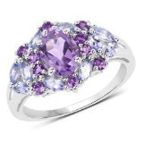 2.25 Carat Genuine Amethyst and Tanzanite .925 Sterling Silver Ring