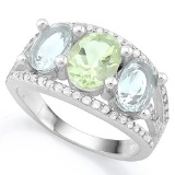 GREEN AMETHYST & 2 4/5 CARAT AQUAMARINE 925 STERLING SILVER RING