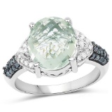 4.24 Carat Genuine Green Amethyst, Green Diamond and White Diamond .925 Sterling Silver Ring