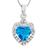 CREATED SWISS BLUE TOPAZ & FLAWLESS CREATED DIAMOND 18K GOLD PLATED GERMAN SILVER PENDANT