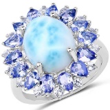 7.02 Carat Genuine Larimar, Tanzanite and White Topaz .925 Sterling Silver Ring