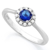 1/2 CARAT CREATED BLUE SAPPHIRE & (12 PCS) FLAWLESS CREATED DIAMOND 925 STERLING SILVER HALO RING