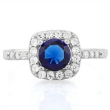 1 1/3 CARAT CREATED BLUE SAPPHIRE & 1/4 CARAT (26 PCS) FLAWLESS CREATED DIAMOND 925 STERLING SILVER