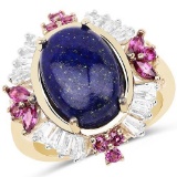 14K Yellow Gold Plated 6.72 Carat Genuine Lapis, Rhodolite and White Topaz .925 Sterling Silver Ring