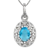 CREATED SWISS BLUE TOPAZ & FLAWLESS CREATED DIAMOND 18K GOLD PLATED GERMAN SILVER PENDANT