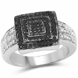 0.55 Carat Genuine Black Diamond and White Diamond .925 Sterling Silver Ring