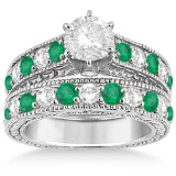 Antique Diamond and Emerald Bridal Ring Set 18k White Gold (3.01ct)