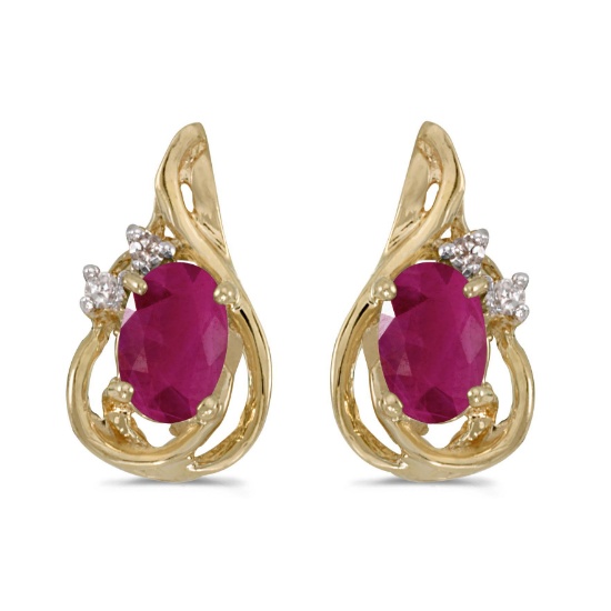 Certified 10k Yellow Gold Oval Ruby And Diamond Teardrop Earrings 0.76 CTW