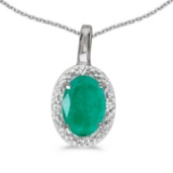Certified 14k White Gold Oval Emerald And Diamond Pendant
