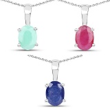 2.65 Carat Emerald Glass Filled Ruby and Glass Filled Sapphire .925 Sterling Silver Pendant