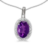 Certified 14k White Gold Oval Amethyst And Diamond Pendant