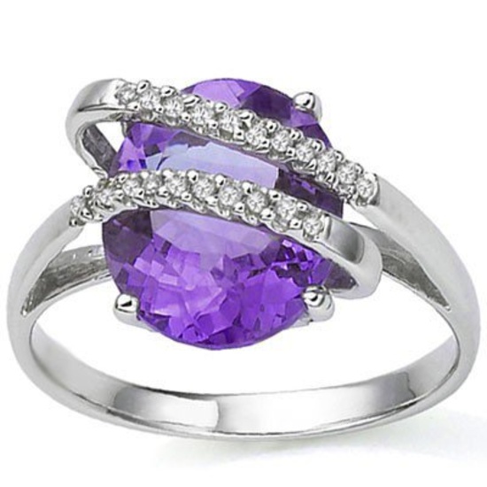 3.25 CT AMETHYST & 2 PCS WHITE DIAMOND PLATINUM OVER 0.925 STERLING SILVER RING