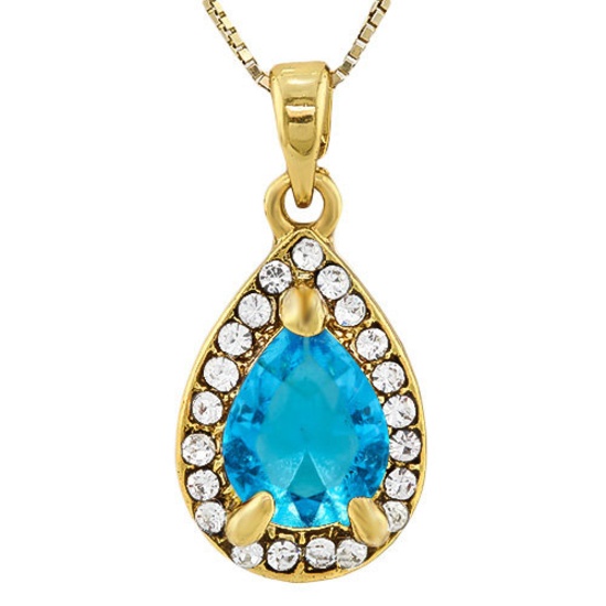 CREATED SWISS BLUE TOPAZ & FLAWLESS CREATED DIAMOND 18K GOLD PLATED GERMAN SILVER PENDANT