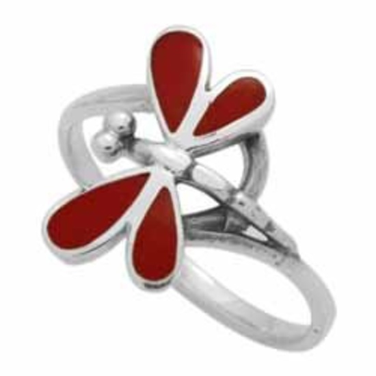 SILVER RED CORAL DRAGONFLY RING