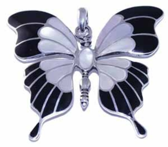 SILVER BIG BUTTERFLY MOTHER OF PEARL / SYNTH BLACK ONYX PENDANT