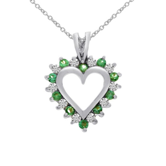Certified 14k White Gold Emerald and Diamond Heart Shaped Pendant