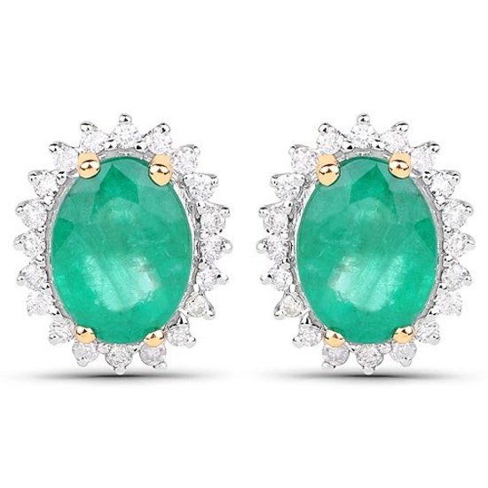 2.75 Carat Genuine Zambian Emerald and White Diamond 14K Yellow Gold Earrings