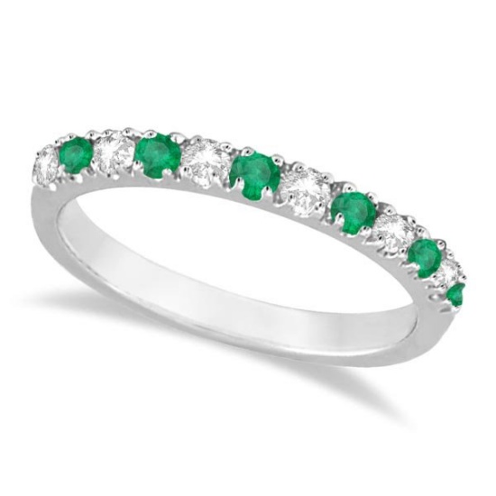 Diamond and Emerald Ring Guard Anniversary Band 14k White Gold (0.32ct)