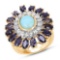 14K Yellow Gold Plated 6.48 Carat Genuine Larimar, Iolite and White Topaz .925 Sterling Silver Ring