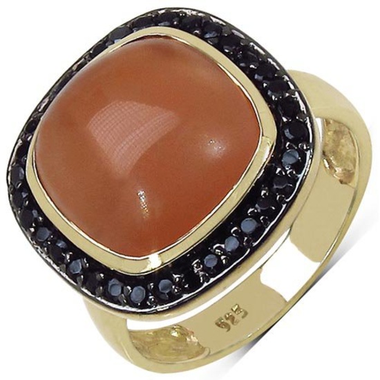 14K Yellow Gold Plated 7.50 ct. t.w. Peach Moonstone and Black Spinel Ring in Sterling Silver