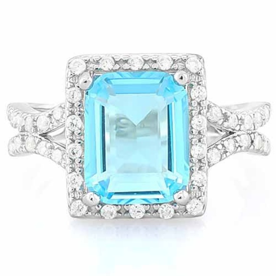 4 CARAT CREATED BLUE TOPAZ & 3 4/5 CARAT (38 PCS) FLAWLESS CREATED DIAMOND 925 STERLING SILVER HALO