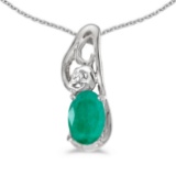 Certified 14k White Gold Oval Emerald And Diamond Pendant