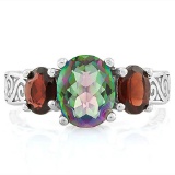 1 3/4 CARAT MYSTIC GEMSTONE & 2 1/5 CARAT GARNET 925 STERLING SILVER RING