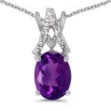 Certified 14k White Gold Oval Amethyst And Diamond Pendant