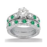 Antique Diamond and Emerald Bridal Set 14k White Gold (2.55ct)