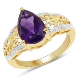 14K Yellow Gold Plated 2.50 Carat Genuine Amethyst .925 Sterling Silver Ring