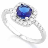 1 1/3 CARAT CREATED BLUE SAPPHIRE & 1/4 CARAT (26 PCS) FLAWLESS CREATED DIAMOND 925 STERLING SILVER