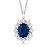 Oval Blue Sapphire and Diamond Pendant Necklace 14k White Gold (3.60ctw)