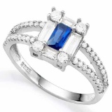 CREATED BLUE SAPPHIRE 925 STERLING SILVER HALO RING