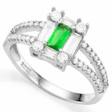 CREATED EMERALD 925 STERLING SILVER HALO RING