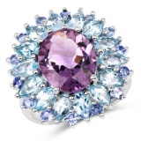 7.79 Carat Genuine Amethyst Blue Topaz and Tanzanite .925 Sterling Silver Ring