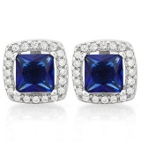 3 CARAT CREATED BLUE SAPPHIRE & 4 CARAT (40 PCS) FLAWLESS CREATED DIAMOND 925 STERLING SILVER EARRIN