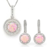 1 1/3 CARAT CREATED PINK FIRE OPALS & GENUINE DIAMONDS 925 STERLING SILVER JEWELRY SET