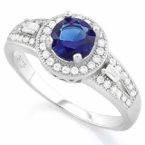 1 CARAT CREATED BLUE SAPPHIRE 925 STERLING SILVER HALO RING