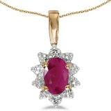 Certified 10k Yellow Gold Oval Ruby And Diamond Pendant