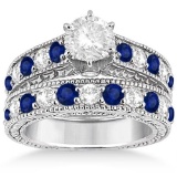 Antique Diamond and Sapphire Bridal Ring Set 14k White Gold (3.47ct)