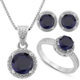 4.856 CARAT TW DYED GENUINE SAPPHIRE & GENUINE DIAMOND PLATINUM OVER 0.925 STERLING SILVER SET