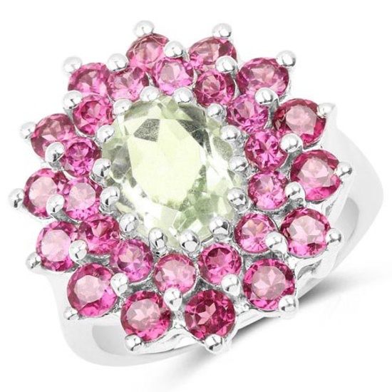 5.44 Carat Genuine Green Amethyst and Rhodolite .925 Sterling Silver Ring