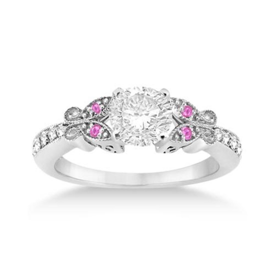 Butterfly Diamond and Pink Sapphire Engagement Ring 14k White Gold (1.10ct)