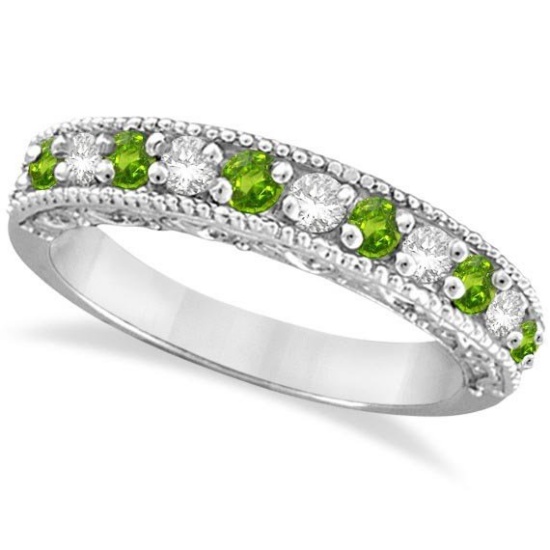 Diamond and Peridot Band Filigree Design Ring 14k White Gold (0.60ct)